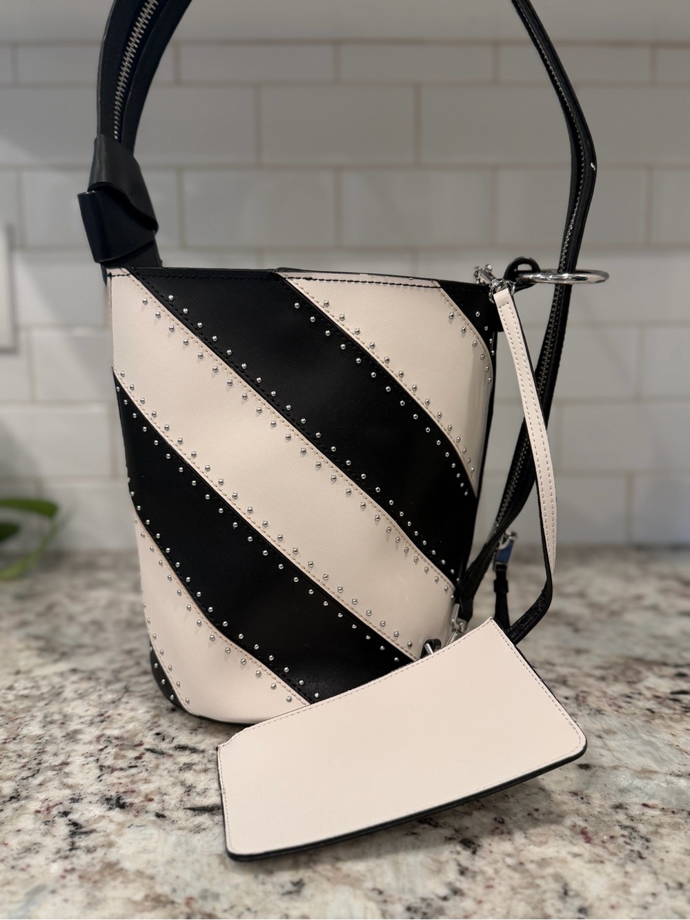 Calvin Klein Black & Cream Diagonal Stud Bucket Shoulder Bag